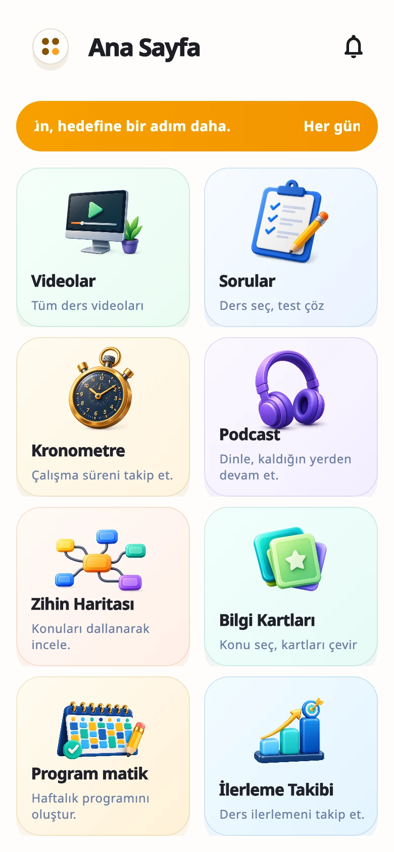 Talos Akademi açık temalı ana ekranı; derslere ve çalışma araçlarına erişim