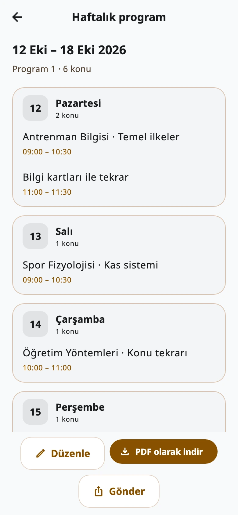 Program Matik ile hazırlanmış haftalık çalışma planı