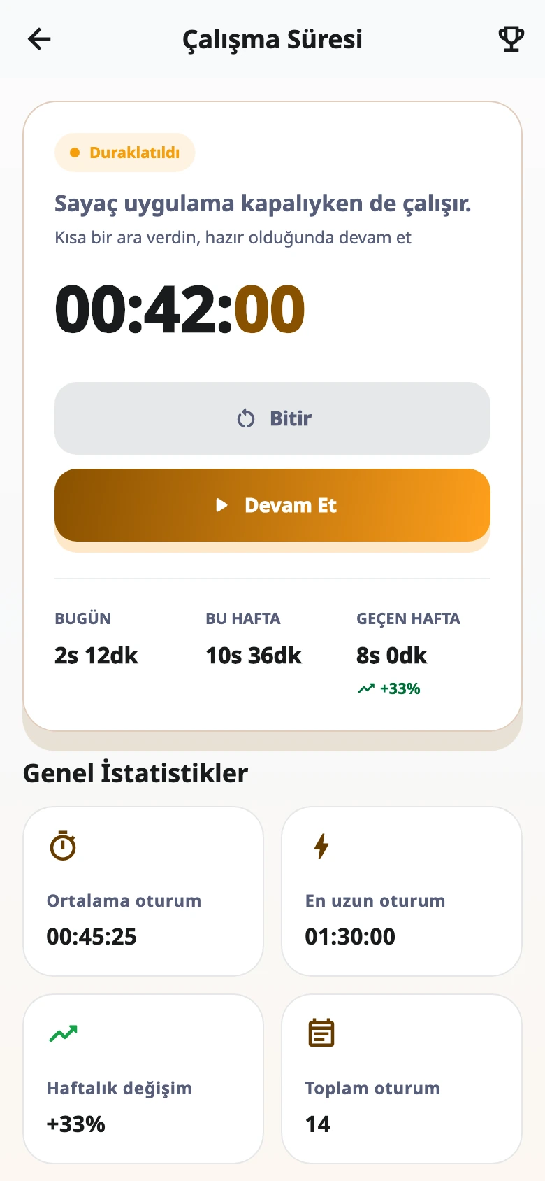 Çalışma süresini kaydetmek için Talos Akademi kronometre ekranı